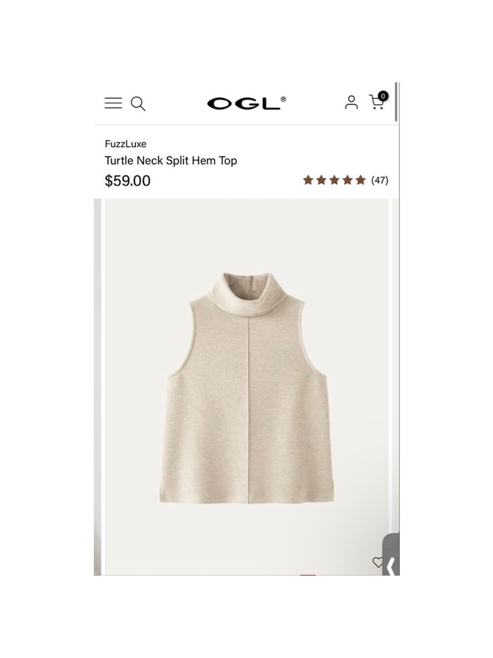 NWT OGl FuzzLuxe Beige Turtle Neck Split Hem Tank Top L